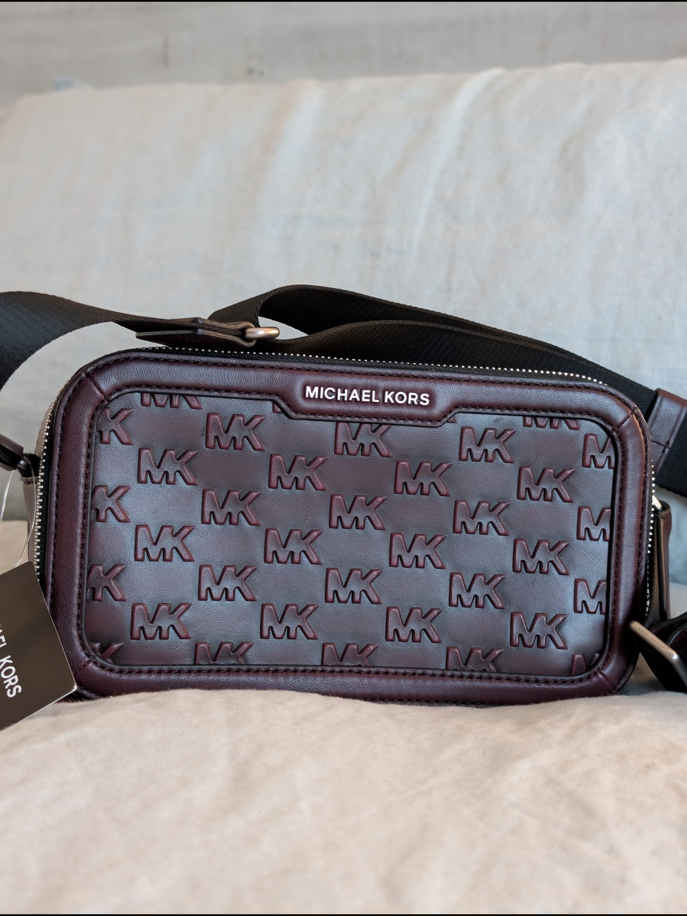 Michael Kors Men's MK Raised Logo Burgandy Burnished Leather Crossbody Bag - Picture 2 of 14